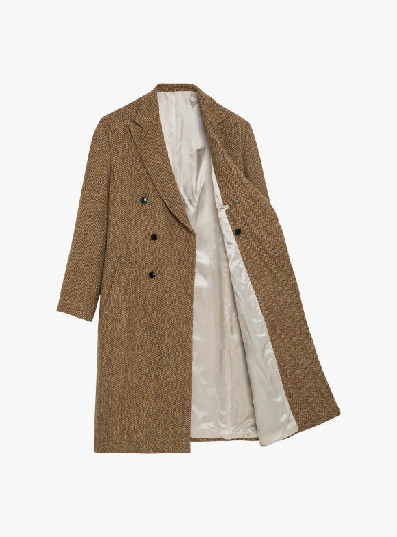 Manteau Croisé Tweed Chevron Camel