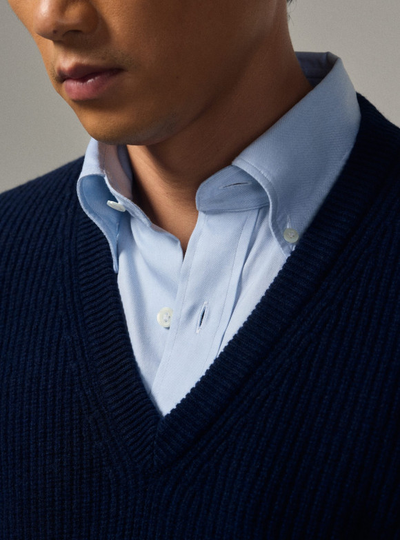 Pull Col V Double Maille Marine