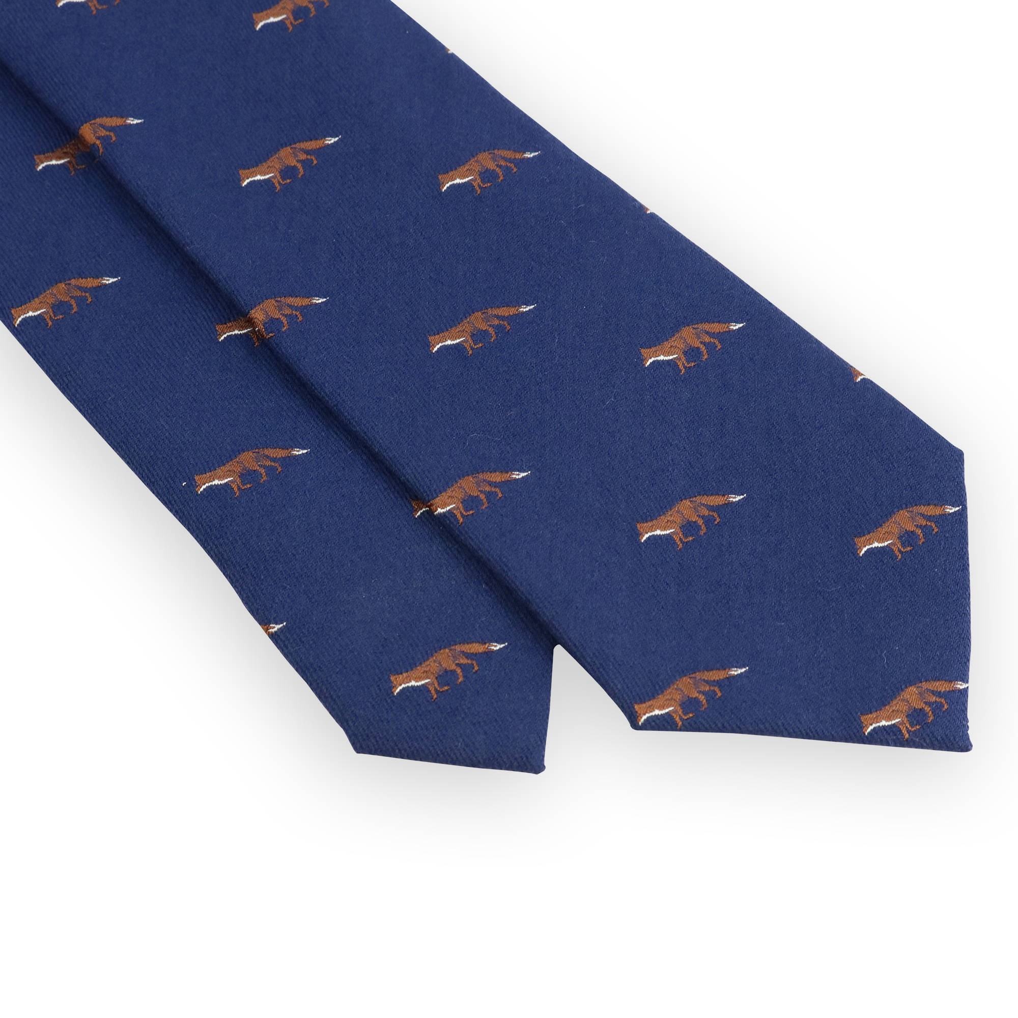 Cravate laine et soie bleue motifs chasse renard