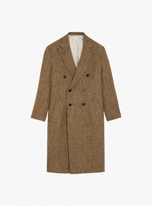 Manteau Croisé Tweed Chevron Camel