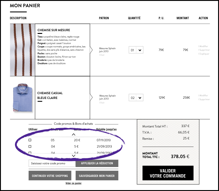 comment utiliser un bon de réduction pour commander une chemise