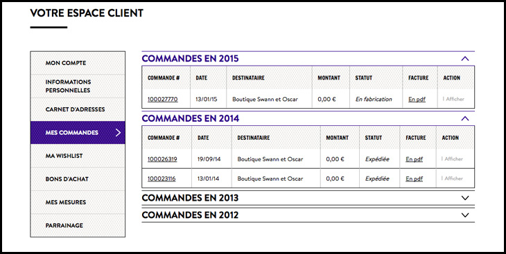 aide - historique des commandes