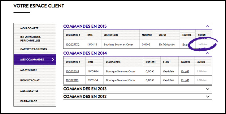 aide - historique des commandes